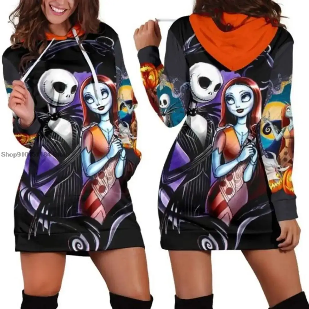 

Jack Skellington Hoodie Dress Sweater Fashion Disney Pockets Long Sleeve Pullover Autumn Casual Oversized Women Clothing
