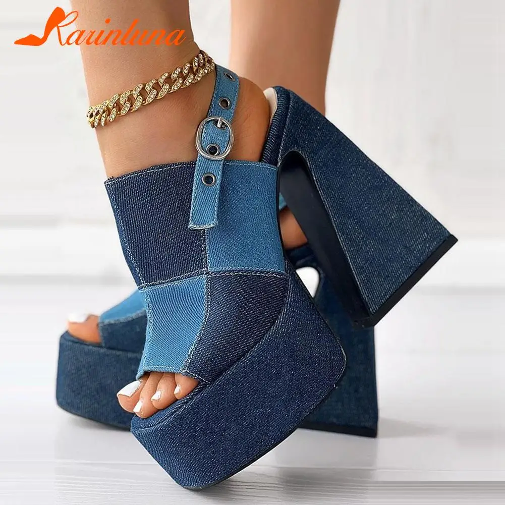 

Blue Denim Patchwork Women's Sandals Hot Sale 2023 Summer Chunky High Heeled Single Shoes Ankle Buckle Comfy Walking Sandals
