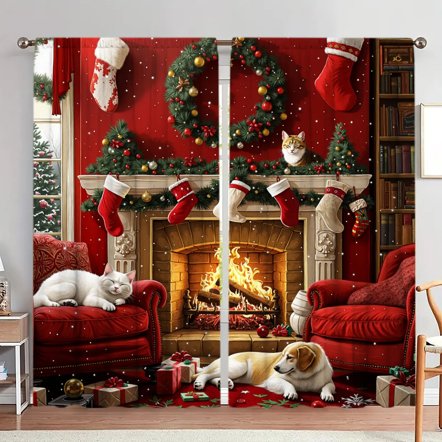 2pcs Christmas Fireplace Printed Curtain for Christmas Home Decor - Rod Pocket Window Treatment for Bedroom, Office, Kitchen