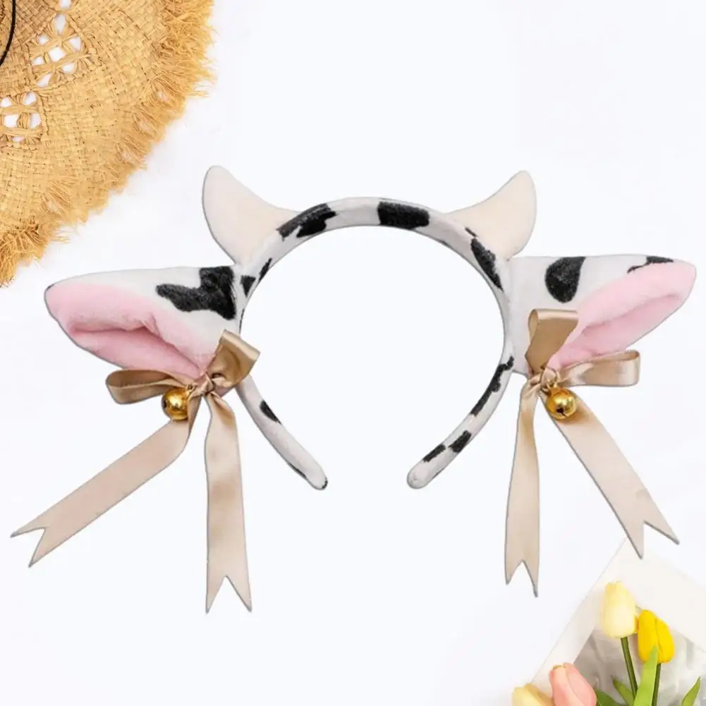 

Plush Fabric Headband Handmade Lightweight Women Hairband with Milk Cow Ear Bowknot Ribbon Bell Decor Bendable Headgear Costume