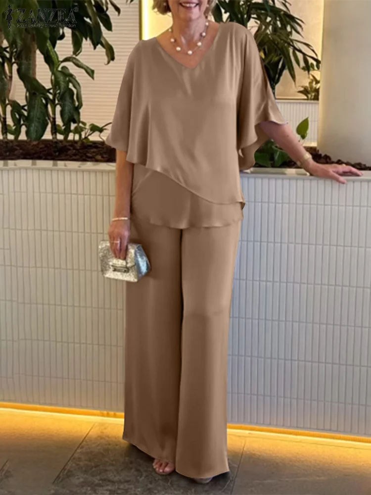 

Комплект ZANZEA женский из 2 предметов, модная блузка с короткими рукавами и брюки с широкими штанинами, элегантный однотонный костюм для работы, спортивный костюм