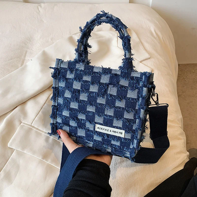 Large Capacity Women's Handbag New Spring Wide Shoulder Strap Crossbody Bag  Fashion Plaid Denim Tote Bag