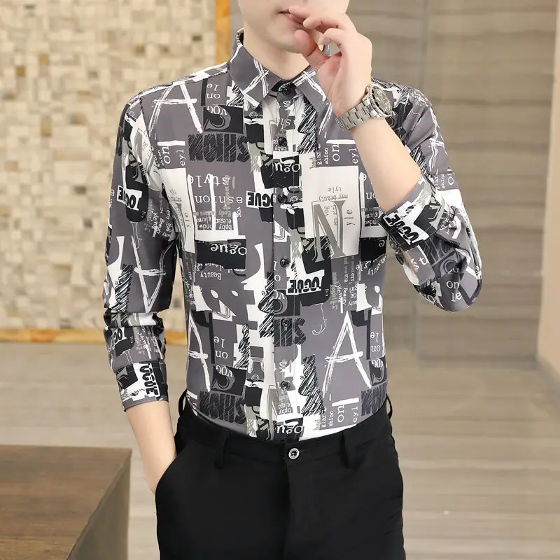 Spring and Autumn Men's Cardigan Single Breasted Polo Collar Stripe Letter Geometric Pattern Printed Long Sleeve Shirt Tops