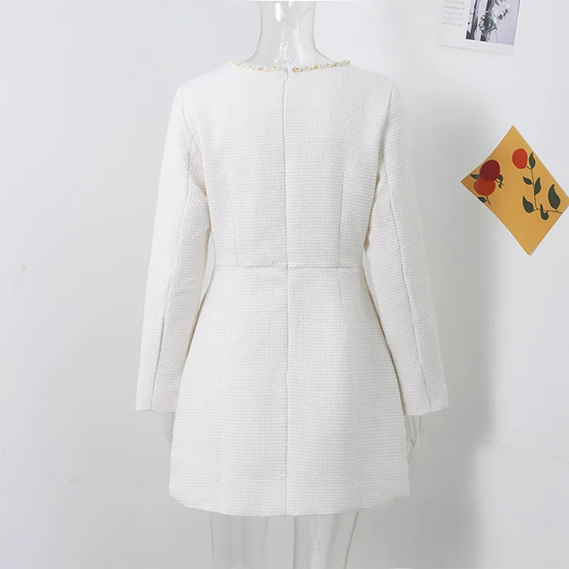 Elegant Tweed Short Party Dress Women Long Sleeve Square Collar Fake Pocket Evening Dresses Autumn Shiny Slim A-line Robes