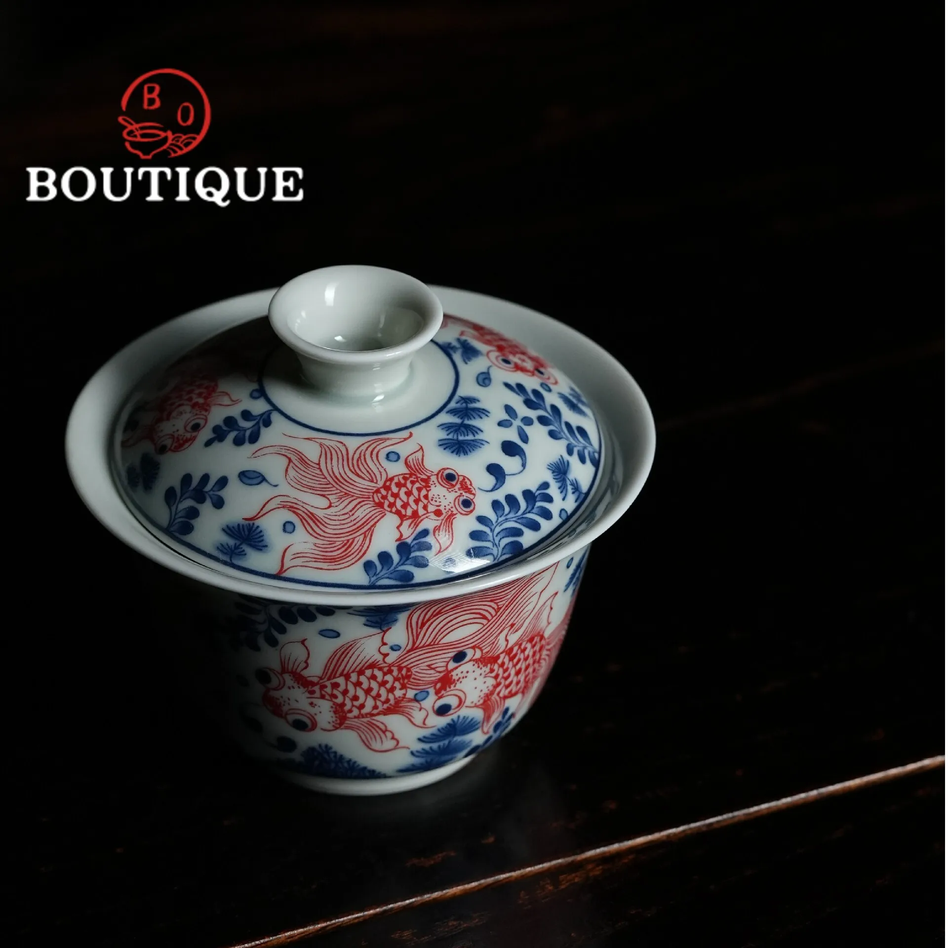 135ml Blue and White Sancai Covered Bowl Tea Tureen Hand Painted Lotus Fish Lotus Chinese Style Household Ceramic KungFu Tea Set