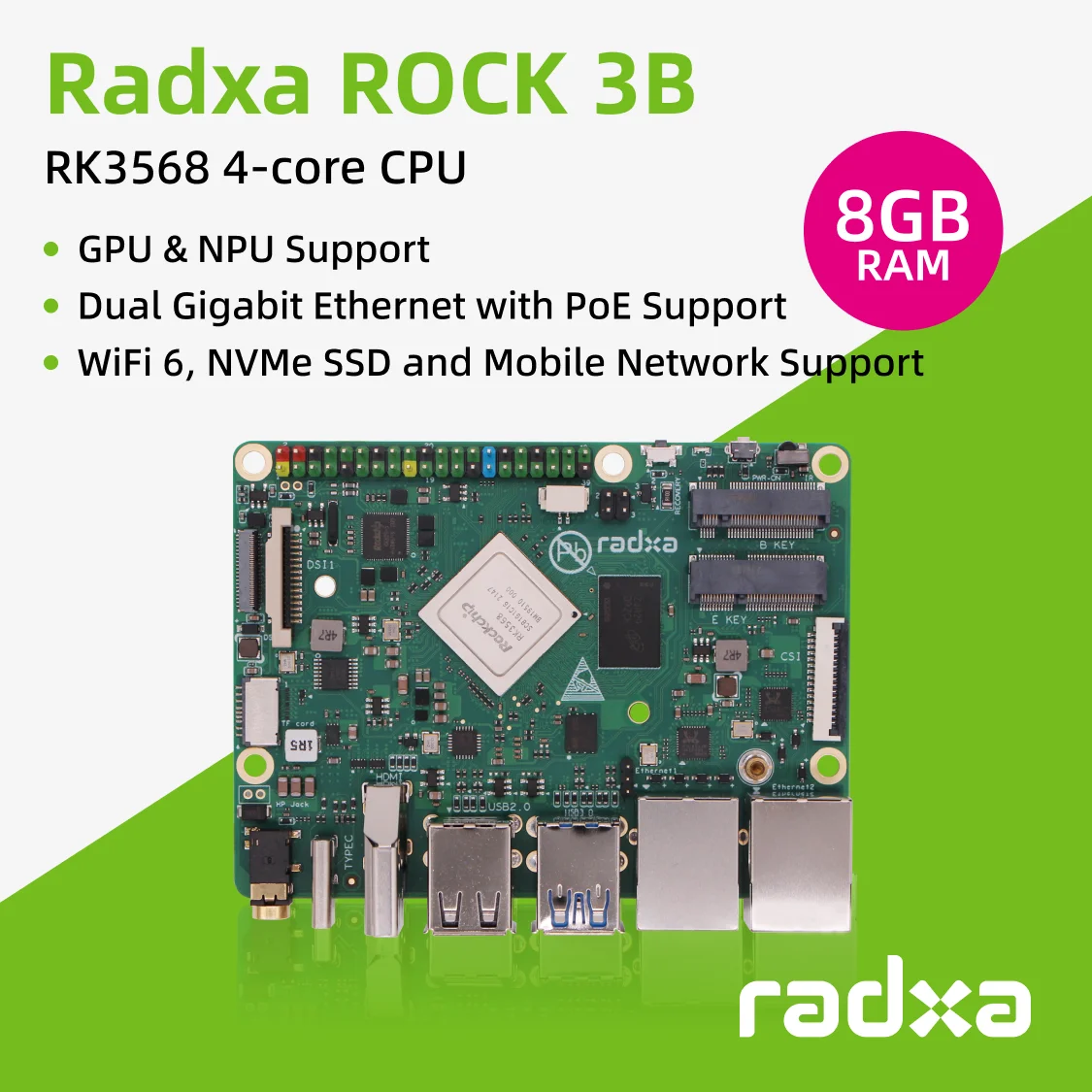 

Radxa ROCK 3B 8GB RK3568J 4-core CPU SBC, Industrial Grade, and HDMI with 4K Output,Radxa ROCK 3B RK3568 4-core CPU SBC,