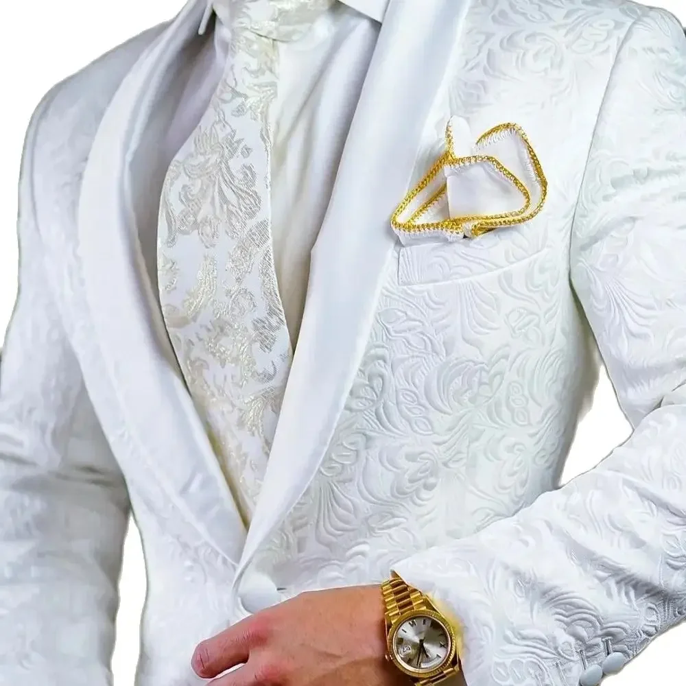 2024 Tailored Made White Jacquard Suit For Men Groom Tuxedo Terno Slim Fit 2 Piece Best Man Blazer Prom Wedding Suits With Pants