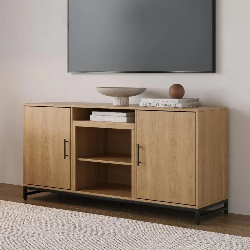 

Modern Ember Rochester TV Stand in White Oak - Laminate Wood Entertainment Center with Metal Legs, Holds TVs up to 60