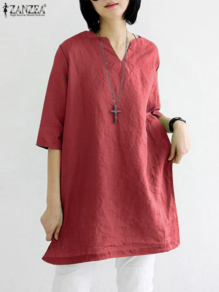 

Блузка ZANZEA женская с рукавом до локтя, Повседневная Свободная длинная рубашка, Модный женский топ из хлопка с карманами, туника, лето 2023