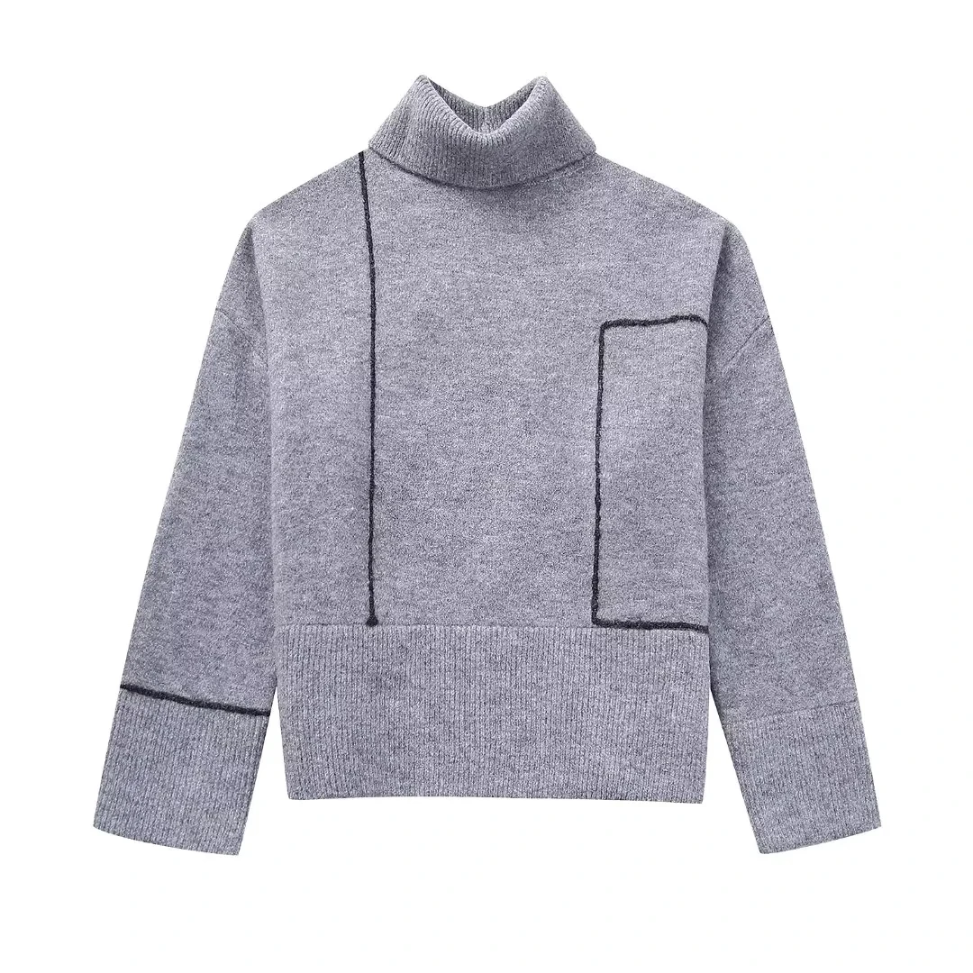 

TRAF Grey Knit Sweater For Women 2023 Autumn Winter Pullovers Ladies Turtleneck Warm New Knitwears Female Chic Long Sleeves Top