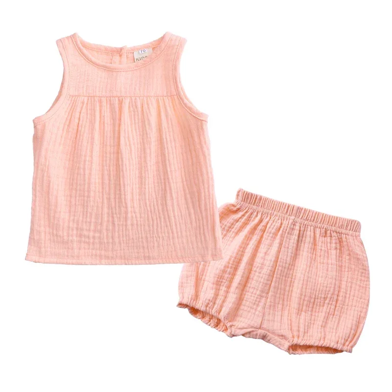 Baby Girl sets Cotton Linen Toddler Girls Clothes Sleeveless Vest + Shorts 2 PCS Soild Color Kid Suit 3M-4T