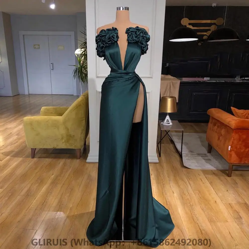 

Emerald Green Evening Dress Sexy Party Gowns Strapless Flowers Pleat High Slit Women's Pageant Dresses Prom Gown