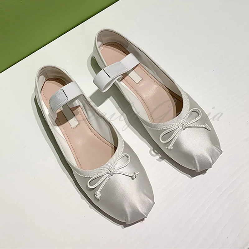 Bow Tie Flat Bottom Ballet Single Shoes Women's Pink Silk Round Toe Shallow Slip On Comfortable Solid Color Female Dress Shoes