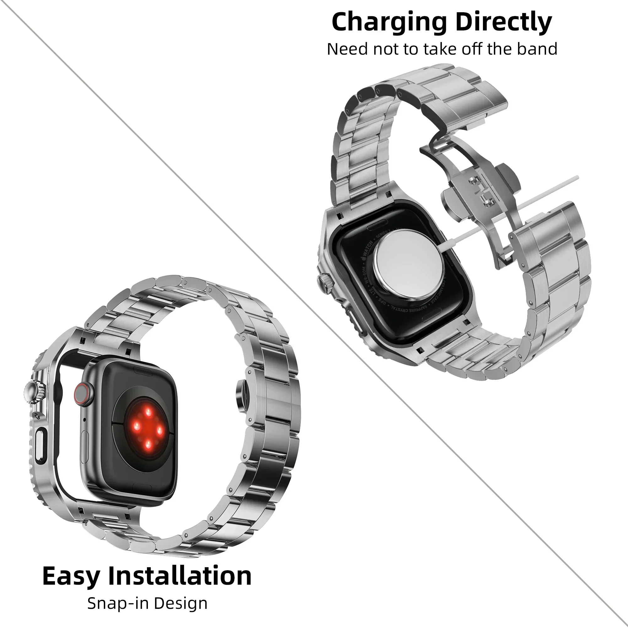 Boîtier en acier inoxydable pour Apple Watch, kit de modification de luxe pour Apple Watch 9, 8, 7, 6, SE, 5, 4, série Iwatch, 44mm, 45mm, bracelet en caoutchouc et métal