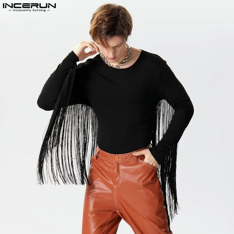 

Men Bodysuits Solid Tassel Hollow Out O-neck Long Sleeve Fashion Rompers Men Streetwear 2024 Sexy Casual Bodysuit INCERUN S-3XL