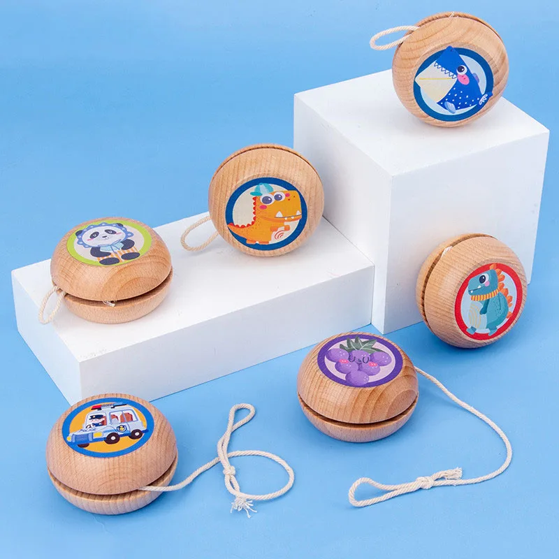 Dan 2PCS Wooden Yo-yo Toys Adorable Animal Yo-yo Toys Colorful Printed Wooden Yoyo Toy Early Educational Ball Kids Children Flower Windmill Style