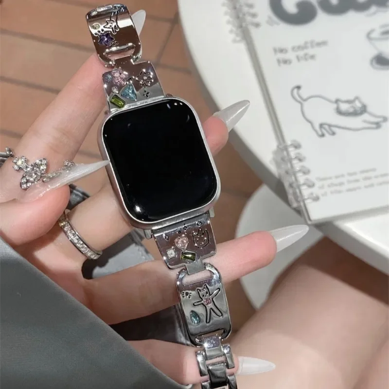 Line-Patterned Cat Metal Wristband - Cute and Creative Accessory (Watch Not Included)