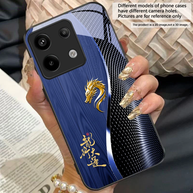 Elegant Black Tempered Glass Phone Case with Traditional Dragon Totem Design