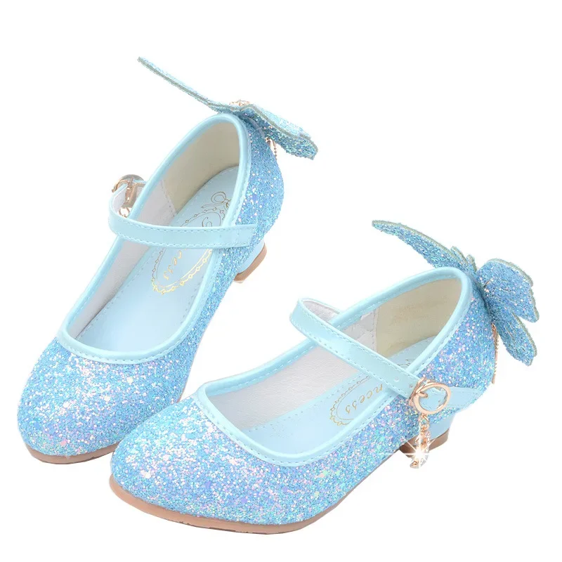 

New Girls Performance High Heels Princess Shoes Frozen Sequined Leather Shoes New Spring and Autumn Girls Butterfly Shoes 26-38