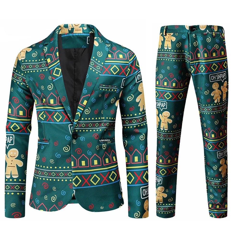 thumbnail image 1 of Traje de negocios informal navideño para hombre, 2 piezas, chaqueta de un botón, pantalones, feo y divertido conjunto con estampado de muñeco de nieve y alce navideño para hombre, 1 of 5