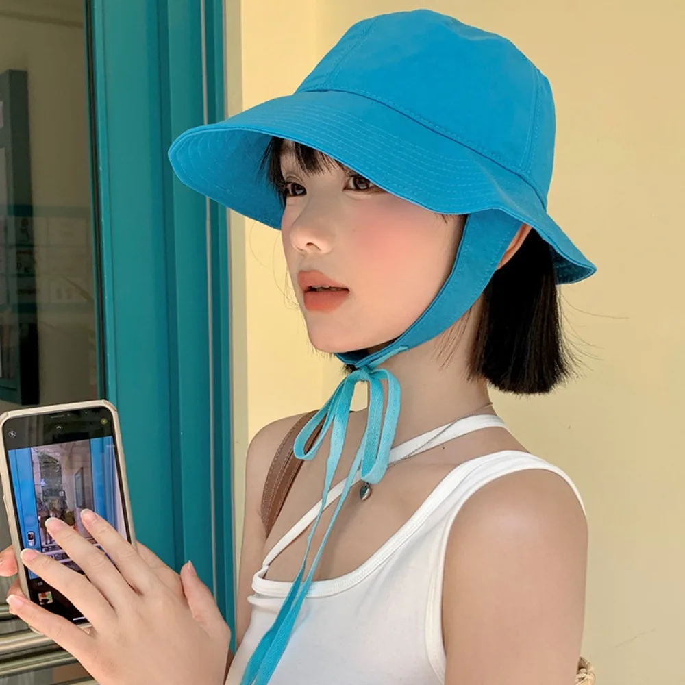 여성용 레이스 업 통기성 모자, 얼굴 스트랩 버킷 모자, 햇빛 차단, 넓은 챙 어부 모자, 패션