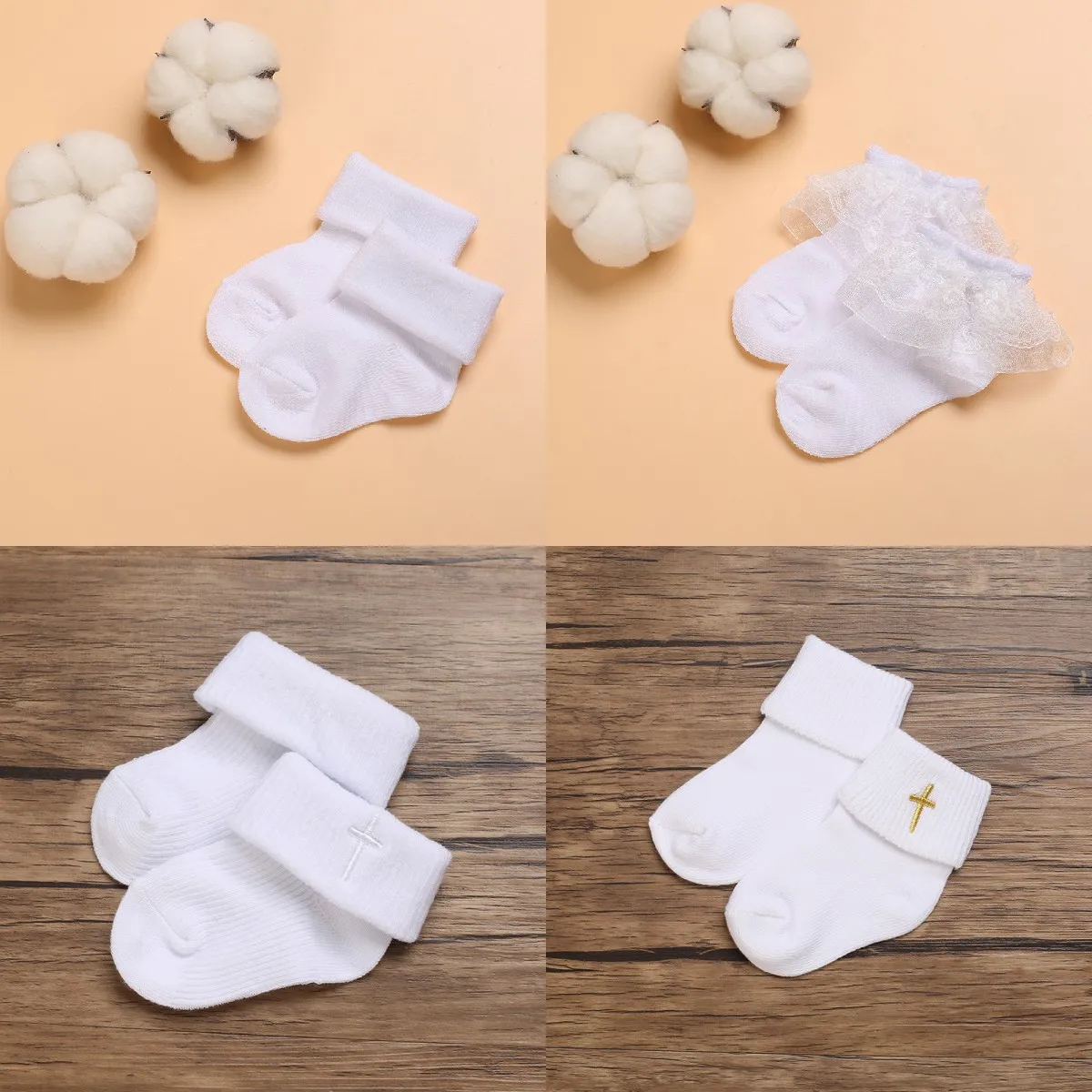 4 pairs of white versatile and adorable cotton baby socks for 0-1 year old newborn boys and girls