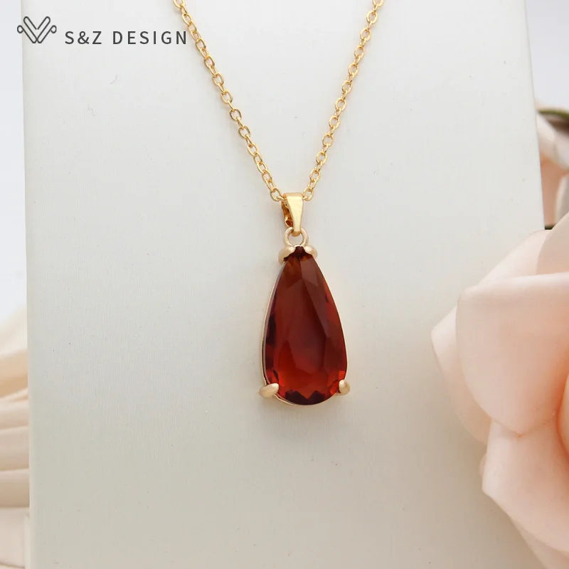 S&Z DESIGN New Fashion Water Drop Cubic Zirconia Dangle Earrings Jewelry Sets For Women Girls Party Necklace Pendant