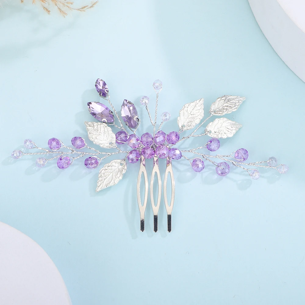 Purple Silver Crystal Leaf Hair Comb Prom Party Rhinestone Women Headpieces Wedding Accessories Bridal Headwear Bridesmaid Gift hair accessories bridal hair accessories