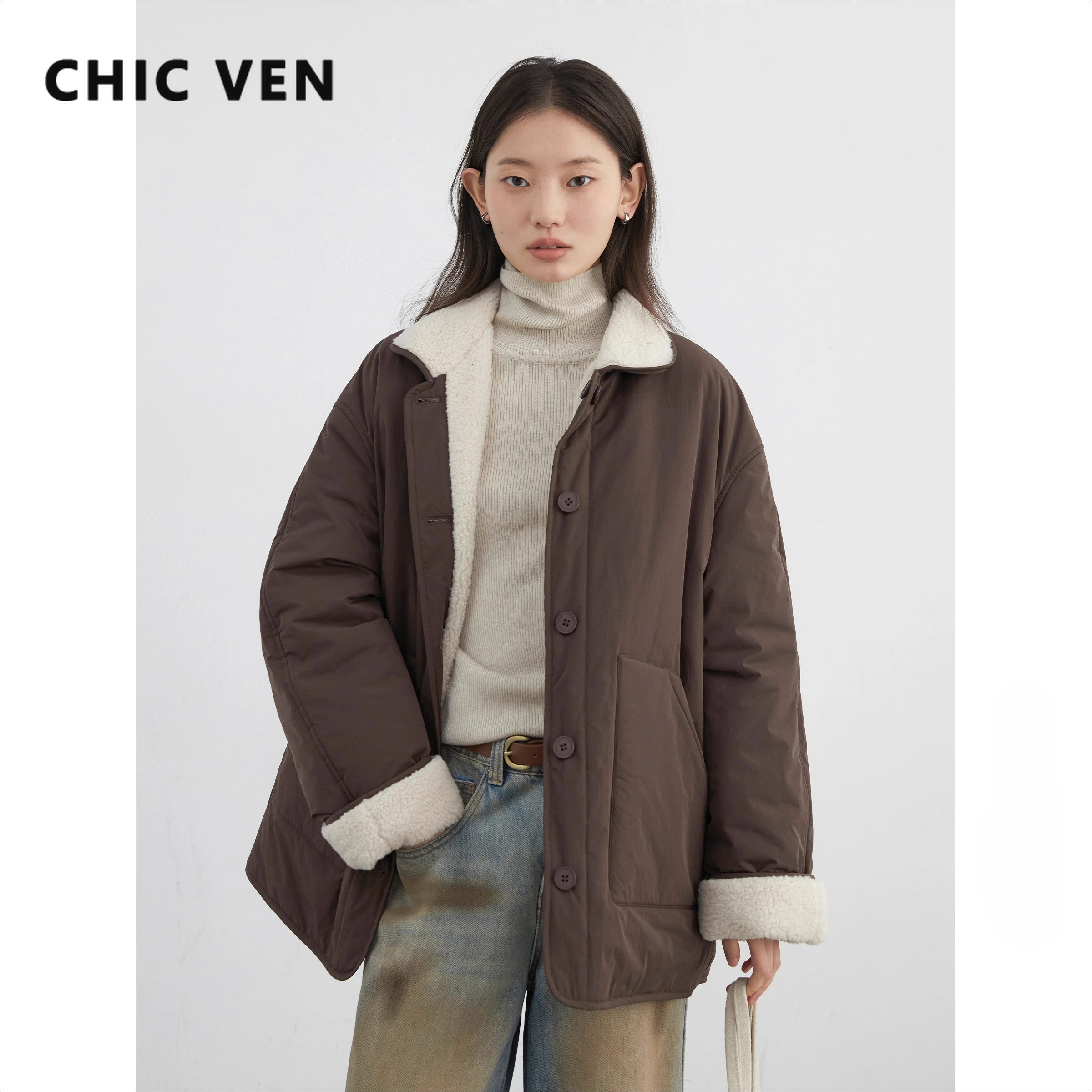 CHIC VEN – parka coréenne pour femme, simple boutonnage, ample, décontractée, épaisse, manteau réversible, hiver 2025