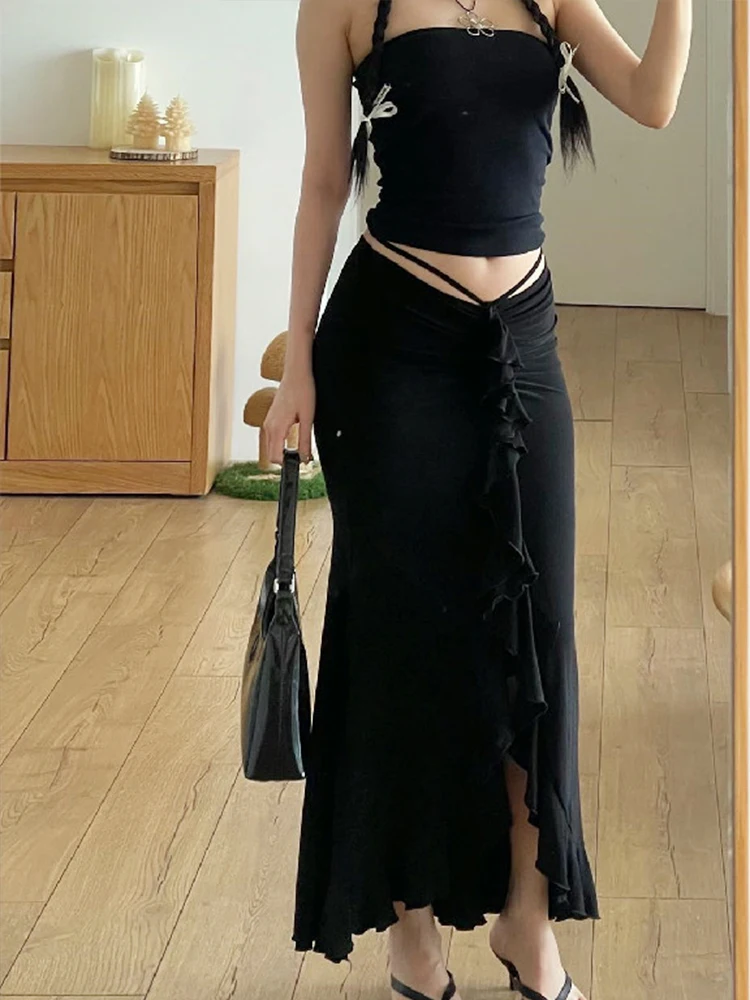 Sexy Ruffles Irregular Skirts Women Summer Charm Long Skirt Slim Party Bodycon Maxi Skirt Black Y2K Casual Club Fishtail Skirt