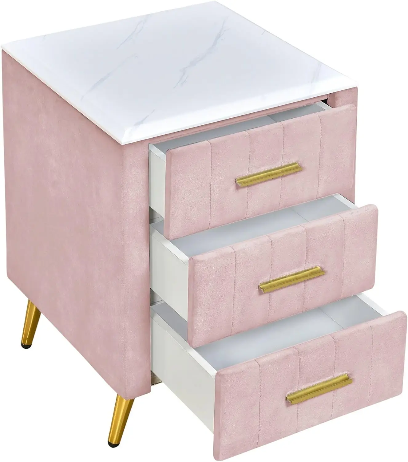 Padded Wooden Bedside Table with Three Drawers and Handles Pink Marble Countertop Children's Wood Polished