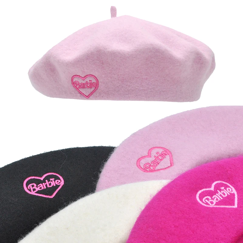 sweet pink barbie beret movie clothes accessories for girls women painter hat wool letter embroidery winter warm birthday gift Flat Top Literary Barbie Pink Black Beret Hat Cute Heart Pattern Girls Caps Women Accessories Fashion Clothes Matching Keep Warm