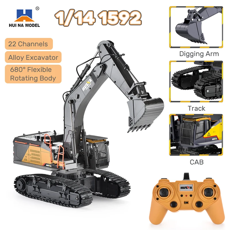 HUINA 1592 RC 굴삭기 1:14 스케일 22채널 2.4G 반합금 원격 제어 엔지니어링 크롤러 트랙터 어린이 선물