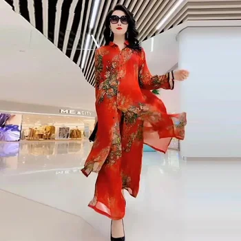 Summer Sets 5XL Silk Wide Leg Trouser Set Women's Spring Suit2025 New Westernized Silk Fashion Slim Two Piece Set Female Elegant 1