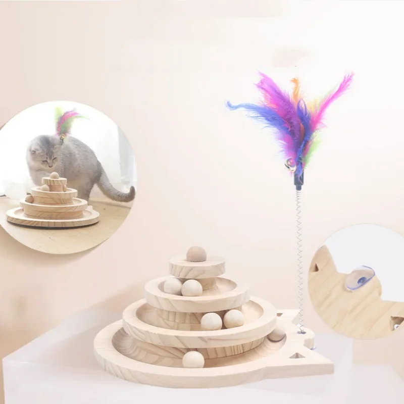 Wooden Cat Toy Tower with Tracks and Ball for Kitten Training