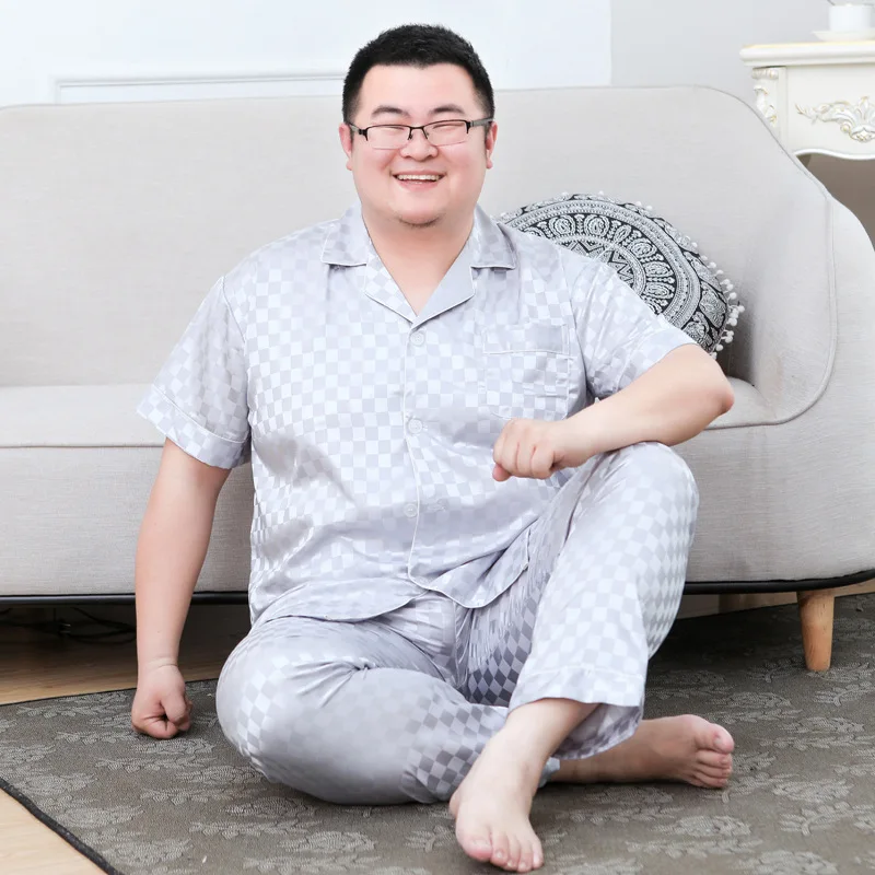 

Larger Size Silk Pajamas Fat Men Summer Thin Oversized NightCloth Set Satin Loose HomeWear Male Breathable Loungwear Male SY2039