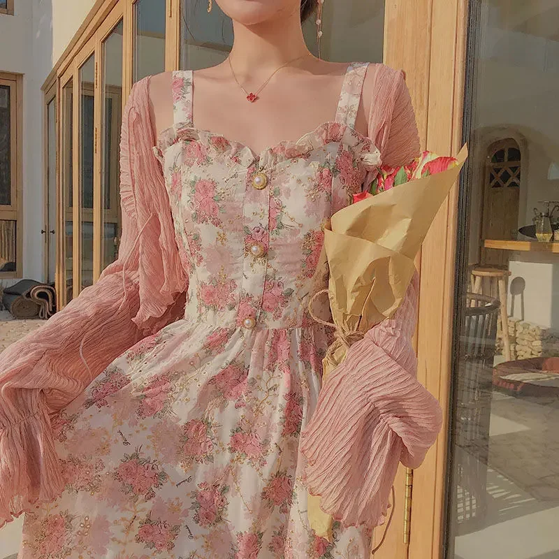 Summer French Sweet Fairy Dress Women Elegant Pearl Button Floral Print Ruffles Party Female Kawaii Korean Cottagecore Dresses