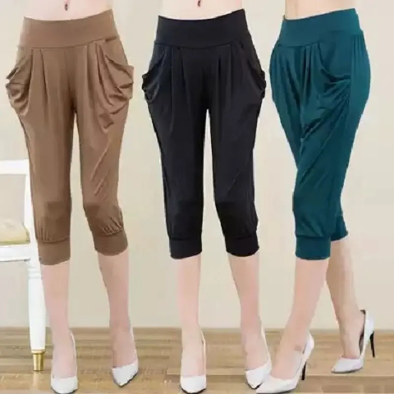 

Basic Solid Color Haren Pants Casual Folds Summer All-match Elastic Female Clothing Pockets Spliced Commute High Waist Capris