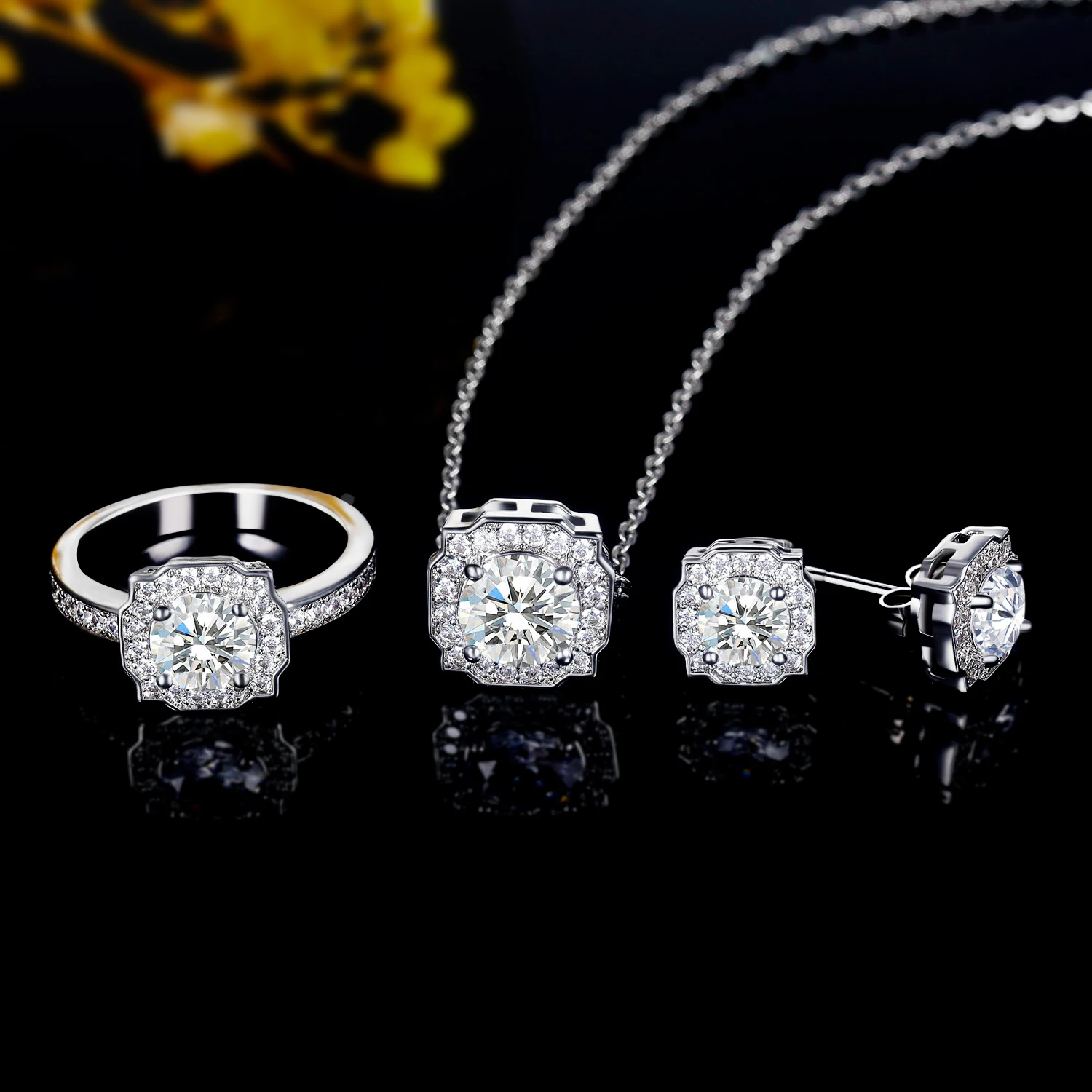 GEMSME Ladies Jewellery Sets Ring Necklace Stud Earrings Cubic Zirconia 18K White Gold Plated Jewellary Set Wedding Gift new fashion necklace design