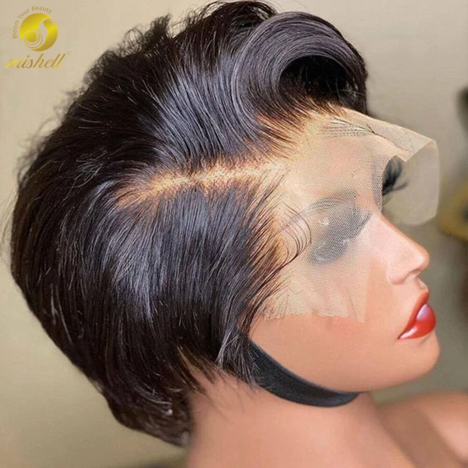 

Short Bob Wig Straigh Pixie Cut Human Hair Wigs 13x1 T Part Transparent Lace Wig For Women Pre plucked Hairline Brazilian Remy