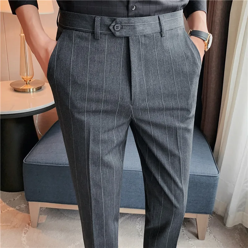 Autumn Winter Striped Business Dress Pants Men Thickened Casual Office Social Trousers Streetwear Wedding Groom Suit Pants