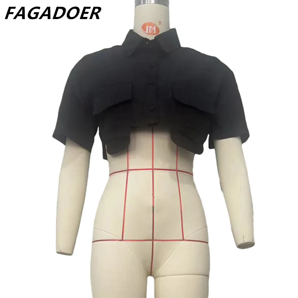 FAGADOER 여성용 단색 포켓 루즈 셔츠, 턴다운 칼라 단추 긴팔, 불규칙한 크롭탑 의류, 화이트, 여름 신상