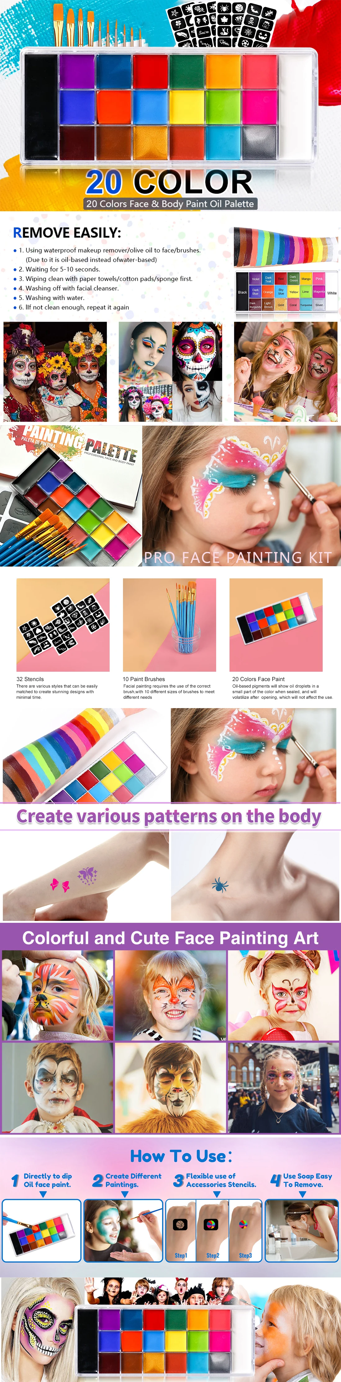 Description Picture 2 of item20 Color Face Body Paint Palette,10 Brush + 4 Paint Stencils Ideal for Halloween Cosplay Party SFX Stage Makeup Painting Kit