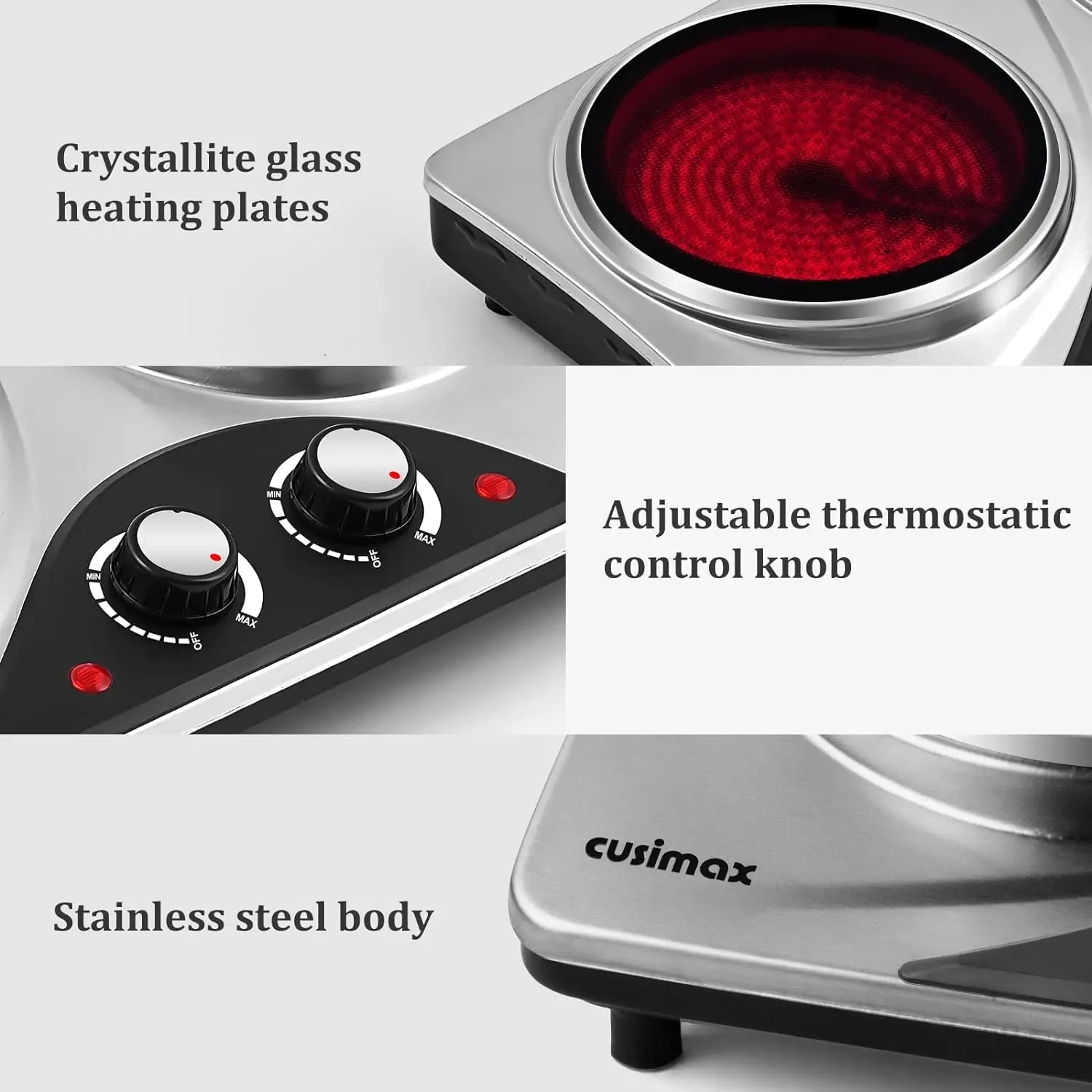 Cusimax Hot Plate, 1800W Ceramic Electric Double Burner for