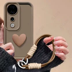 3D Love Heart Hand Strap Back Cover Case for Vivo V50 Lite 4G (Coffee)