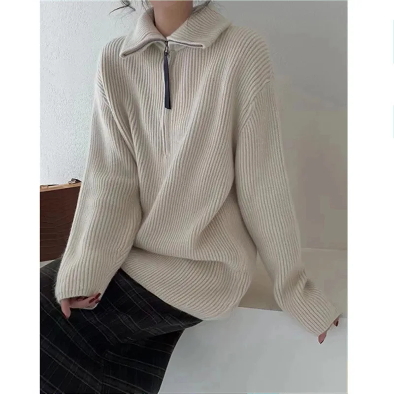 

Soft glutinous turtleneck pullover sweater women's autumn and winter languid loose zipper thick knit top