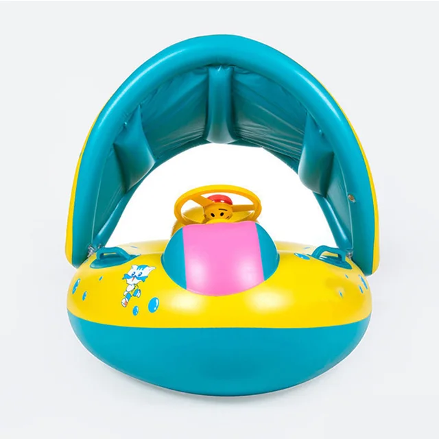 1pc Yellow Sunshade Seat Ring With Steering Wheel Swimming Pool Inflatable Floating Baby Seat 3
