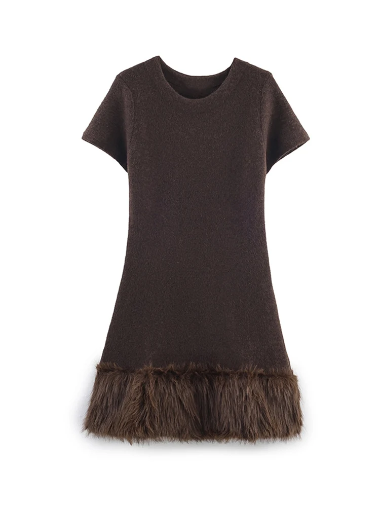 Autumn Winter Knitted Mini Dress For Women 2025 Fashion Short Sleeve Bodycon Fur Splice Elegant Party O Neck Sweater Dresses