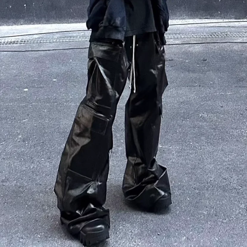 RO Style Glossy Black Pu Leather Pants for Men High Street Y2k Pantalones Hombre Baggy Overall Wide Leg Drawstring Cargos