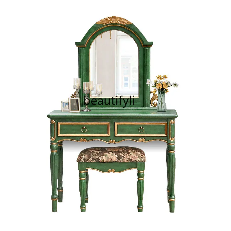 

European Style Dressing Table Solid Wood Simplicity Luxury American Country Makeup Desks and Chairs Retro Emerald with Mirror